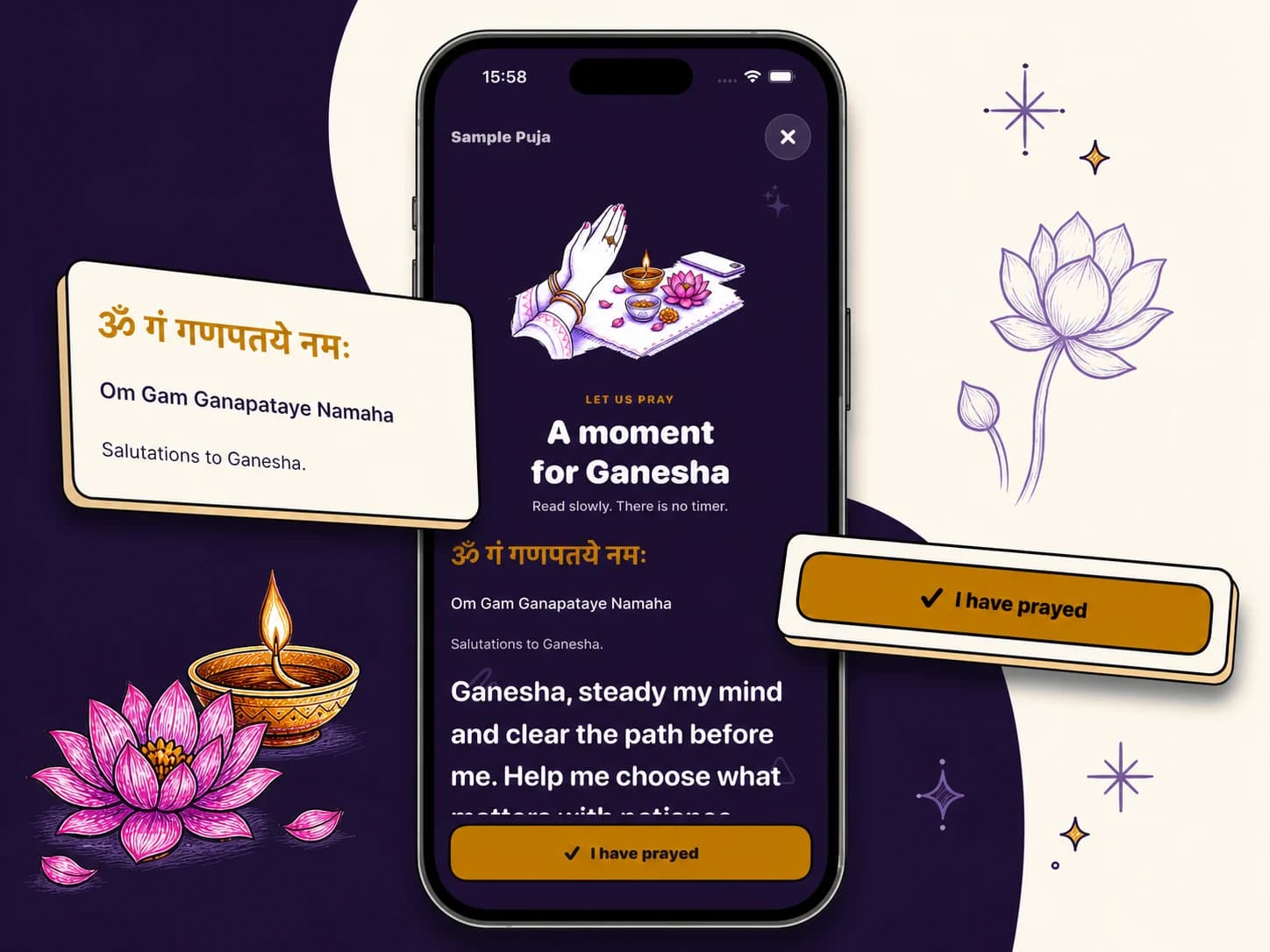 A PujaFirst sample Ganesha Puja with its genuine mantra and completion control extending beyond the iPhone