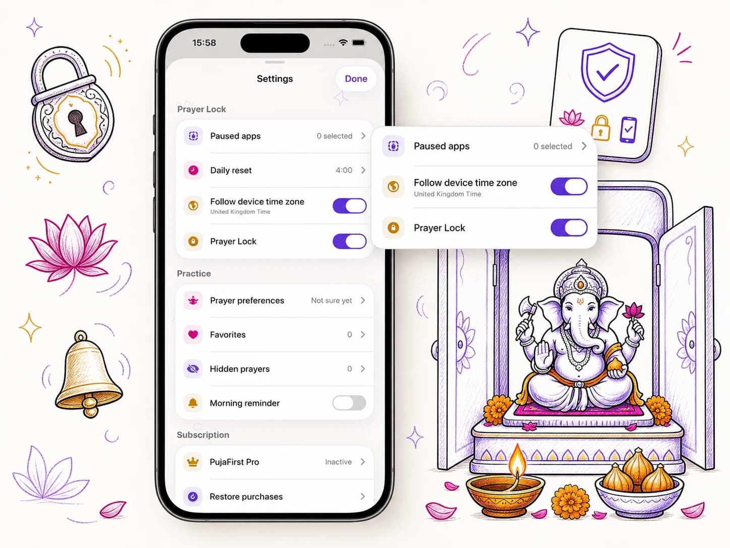 PujaFirst settings with genuine private Prayer Lock controls extending beyond the iPhone