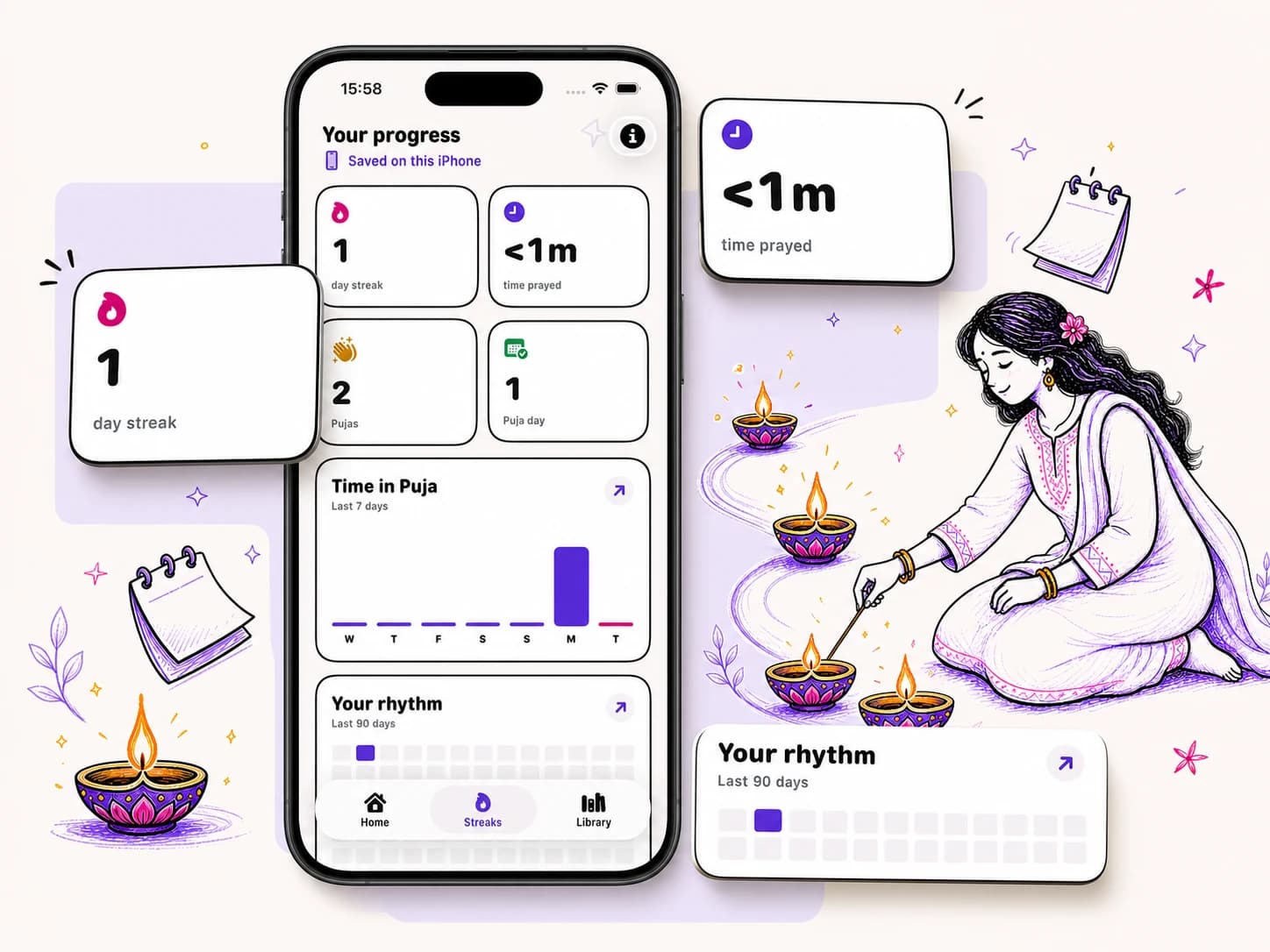 PujaFirst progress with genuine streak, prayer time, and rhythm cards extending beyond the iPhone