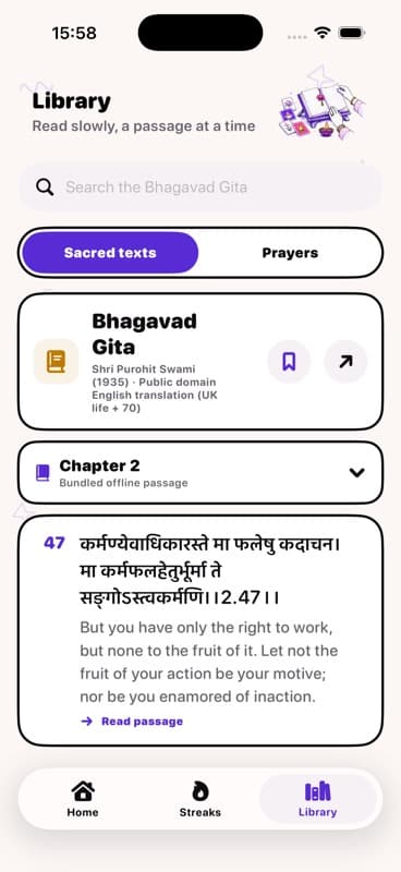 PujaFirst Library showing a sourced Bhagavad Gita passage